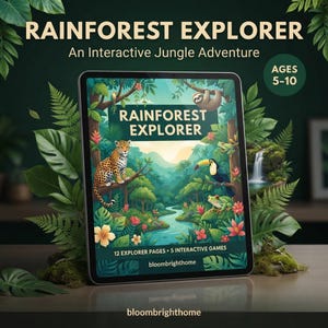 Może przedstawiać: Tablet wyświetlający interaktywną książkę przygodową Rainforest Explorer dla dzieci w wieku 5-10 lat. Ekran przedstawia lamparta, tukana, leniwca i żabę w lesie z rzeką, 12 stronami odkrywcy oraz 5 interaktywnymi grami.