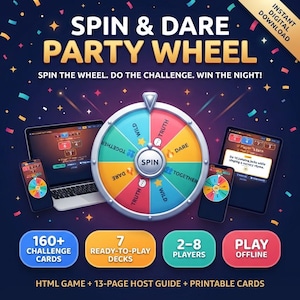 Puede incluir: Un juego de fiesta digital titulado Spin & Dare Party Wheel con una rueda central dividida en segmentos marcados como Truth, Dare, Wild y Together. El juego se muestra en una computadora portátil, dos teléfonos inteligentes y una tableta, con 160+ tarjetas de desafío, 7 mazos listos para jugar, 2-8 jugadores y modo sin conexión.