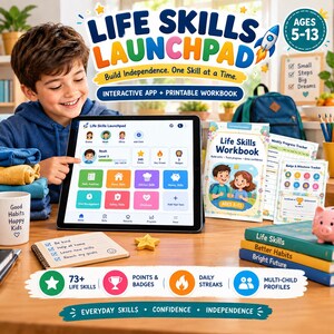 Life Skills Launchpad Bundle | Interactive App + Printable Workbook | Kids Chore & Independence Checklist Ages 5-13, Badges Certificate