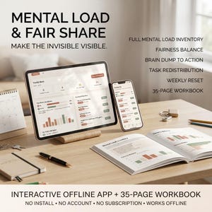 May include: A digital mental load and fair share management system featuring a tablet and smartphone displaying task dashboards, alongside a 35-page printed workbook. Text includes MENTAL LOAD & FAIR SHARE, MAKE THE INVISIBLE VISIBLE, and task lists.