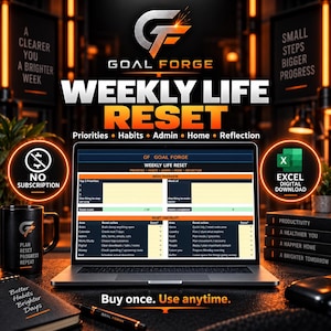 Può includere: Un pianificatore digitale Weekly Life Reset visualizzato su uno schermo di un portatile, con sezioni per priorità, abitudini, amministrazione, casa e riflessione. L'interfaccia include una lista di controllo. Testo: Goal Forge e Buy once. Use anytime.