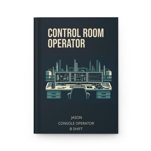 May include: A dark blue hardcover book with the text CONTROL ROOM OPERATOR at the top. The cover features a graphic illustration of a control room desk with three computer monitors, a keyboard, and a headset, with industrial towers behind.