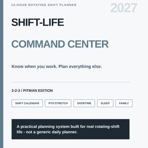 May include: A 2027 12-hour rotating shift planner titled SHIFT-LIFE COMMAND CENTER. The document includes sections for shift calendar, PTO stretch, overtime, sleep, and family. It is a 2-2-3 Pitman edition printable US letter personal planning system.