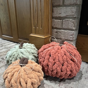 May include: Three handmade pumpkins crafted from chunky, soft yarn in shades of sage green, light tan, and burnt orange. Each pumpkin features a dark brown textured stem and a thin, natural-colored twine tied in a bow around the top center.