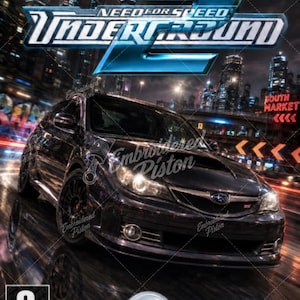 May include: A PC DVD-ROM game cover for Need for Speed Underground 2 featuring a dark grey Subaru car driving on a city street at night. The title is displayed in large blue letters at the top, with an EA Games logo and a 3+ PEGI rating at the bottom.