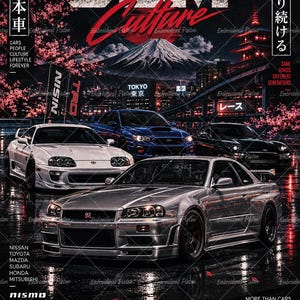 May include: A poster featuring JDM Culture text with a red sun, Mount Fuji, and a pagoda. Three sports cars are parked in the foreground, including a silver Nissan GT-R, a white Toyota Supra, and a blue Subaru. Logos for Nissan, Toyota, Mazda, Subaru, Honda, and Mitsubishi are at the bottom with a line drawing of a car.