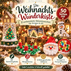 Peut inclure: Un PDF de 50 pages intitulé Die Weihnachts-Wunderkiste proposant des activités éducatives de Noël pour les tout-petits. Inclut un sapin sous cloche, une couronne avec bougies, un visage de Père Noël et une décoration vitrail.