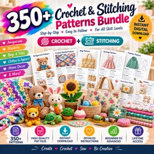 以下が含まれることがあります： 350種類以上の編み物と縫製のパターンを収録したデジタルバンドル。印刷された説明書、かぎ針編みのテディベア、ウサギ、鉢植えのヒマワリ、カメ、カップケーキ、花柄のトートバッグ、および様々な布地の見本が含まれています。