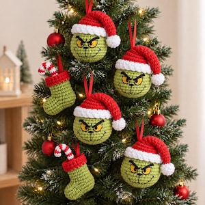 Grinchen Virkmönster för julgransprydnader, Grönt huvud och ministrumpa, Amigurumi-paket med julgransprydnader (PDF)