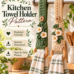 Haakpatroon voor een keukendoekhouder (PDF), handdoekring met knoop en bloemenmotief in landelijke stijl.