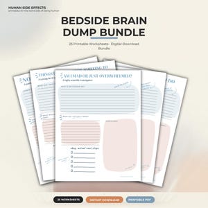 May include: A digital bundle of 25 printable worksheets titled Bedside Brain Dump Bundle. The pages feature light blue and pink sections with prompts like Am I Mad or Just Overwhelmed, What's Bothering Me, What Do I Actually Need, and okay, actual next steps.