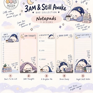 May include: A collection of five pastel-coloured notepads titled 3AM & Still Awake Bao Collection. Each notepad features a cartoon bao character in a nightcap with phrases like Bao's To Do List, 3AM Thoughts, A Brighter Me, Brain Dump, and Night Shift Notes.