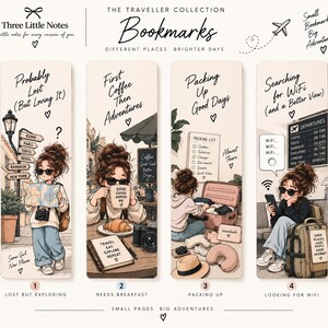 Peut inclure: Un ensemble de quatre marque-pages rectangulaires de la collection The Traveller illustrant une personne dans divers scénarios de voyage. Chaque marque-page comporte du texte comme Probably Lost, First Coffee Then Adventures, Packing Up Good Days et Searching for WiFi.