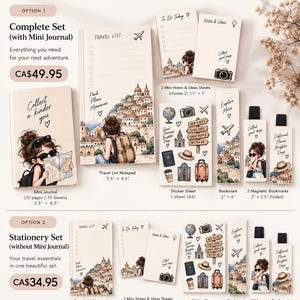 Peut inclure: Un ensemble de papeterie intitulé The Traveller's Little Carry-On comprenant un mini journal, un bloc-notes de voyage, deux feuilles de notes, une planche d'autocollants, un marque-page et deux marque-pages magnétiques, ornés d'illustrations de voyage.