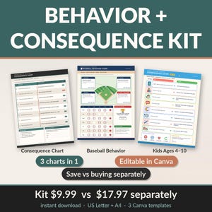 May include: A behaviour and consequence kit featuring three printable charts. The set includes a black and white consequence chart, a baseball-themed behaviour chart, and a colourful consequence chart for kids aged 4-10, all editable in Canva.