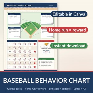 May include: A baseball behavior chart featuring a baseball diamond graphic, four base goal boxes, and a weekly tracking grid with baseball icons and red stars. The chart includes text labels like Baseball Behavior Chart, Home Run Reward, and How to Score.