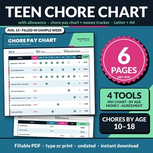 Teen Chore Chart with Allowance | Printable Chore Pay Chart and Money Tracker | Editable Chores by Age | Instant Download