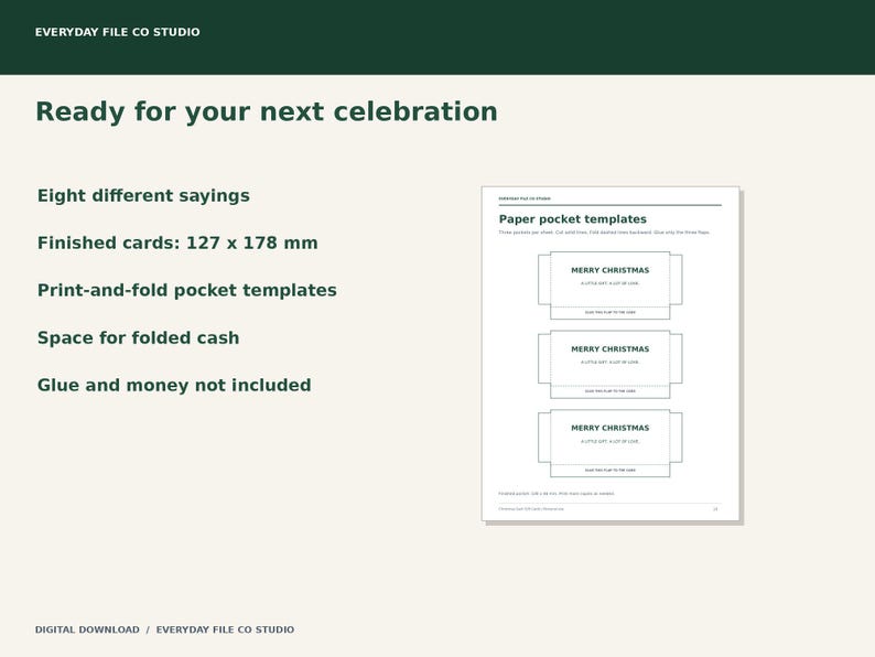 Printable Christmas Money Gift Cards, 8 Funny Cash Card Designs with Paper Pockets and Gift Tags, A4 & Letter PDF