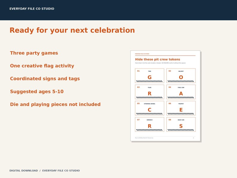 Race Car Birthday Party Printables, Games, Signs, Driver Badges and Favor Tags, Orange Racing Party Kit, PDF Download