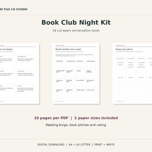 Book Club Printable Kit, 18 Discussion Cards, Reading Bingo, Voting Ballot and Bookmarks, PDF Download