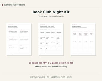 Kit stampabile per il club del libro, 18 carte per la conversazione, bingo della lettura e segnalibri