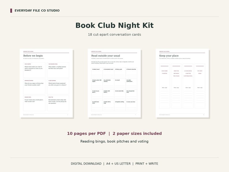 Book Club Printable Kit, 18 Discussion Cards, Reading Bingo, Voting Ballot and Bookmarks, PDF Download