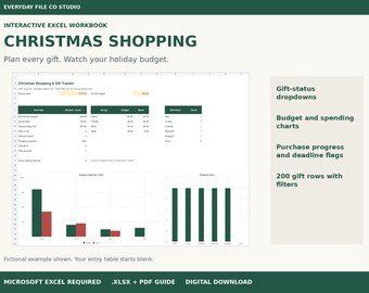 Planilha do Excel para compras de Natal, lista de presentes interativa, orçamento de fim de ano e controle de presentes.