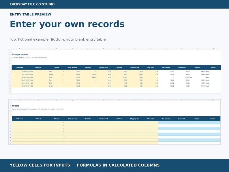 Online Seller Profit Tracker Excel Spreadsheet, Order Costs, Fees and Monthly Dashboard