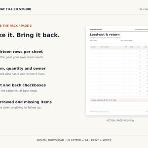 May include: A digital download template titled Load-out & return by Everyday File Co Studio. The white page features a table with thirteen rows for tracking gear, including columns for category, item, location, quantity, and checkboxes for out and back.