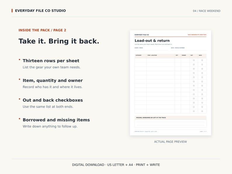 May include: A digital download template titled Load-out & return by Everyday File Co Studio. The white page features a table with thirteen rows for tracking gear, including columns for category, item, location, quantity, and checkboxes for out and back.