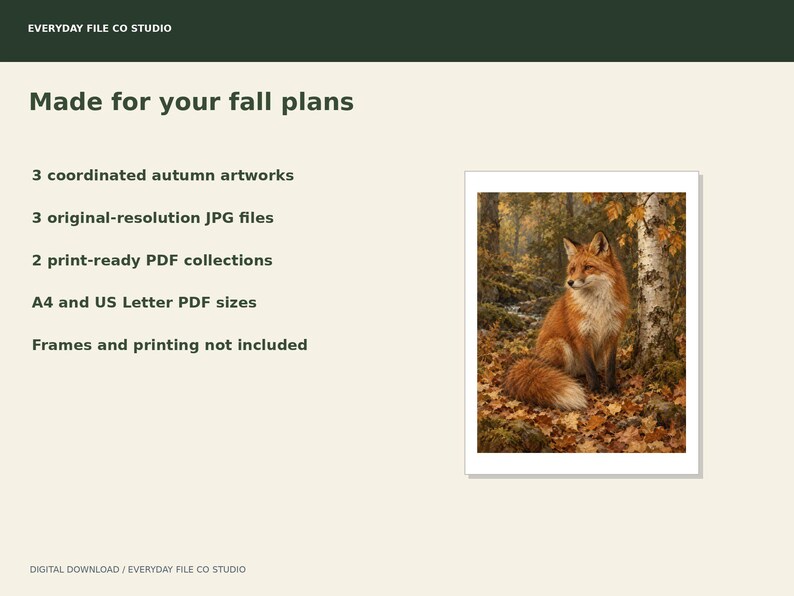 Autumn Woodland Wall Art Set of 3, Fox, Pumpkin Still Life and Golden Forest Prints, Fall Decor Digital Download