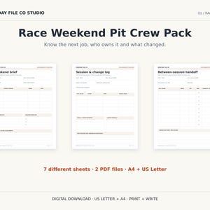 May include: A digital Race Weekend Pit Crew Pack featuring three printable templates titled Weekend brief, Session & change log, and Between-session handoff. The documents include structured tables and fields for tracking tasks, team roles, and project updates.