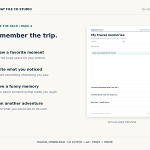 May include: A digital download activity page titled My travel memories with sections to draw a favorite moment, write about interesting observations, record funny memories, and plan future adventures. The layout includes lines for text and a large box.