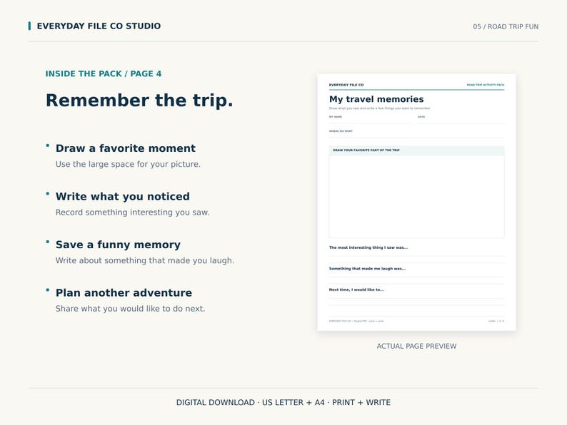 May include: A digital download activity page titled My travel memories with sections to draw a favorite moment, write about interesting observations, record funny memories, and plan future adventures. The layout includes lines for text and a large box.