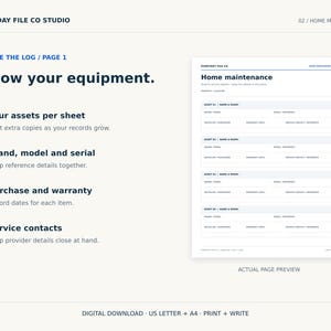 May include: A digital home maintenance log template featuring a clean layout with sections for asset name, room, brand, model, serial number, purchase date, warranty information, and service contacts. The document includes four asset slots per sheet.