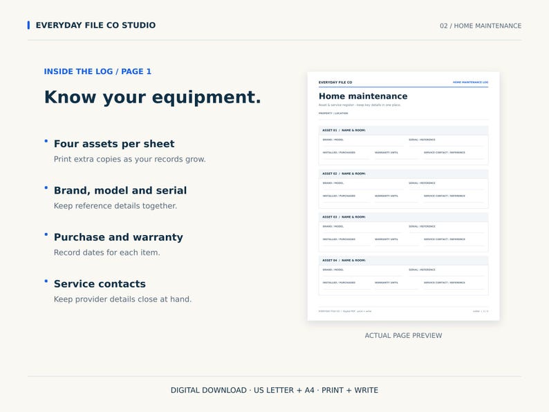May include: A digital home maintenance log template featuring a clean layout with sections for asset name, room, brand, model, serial number, purchase date, warranty information, and service contacts. The document includes four asset slots per sheet.