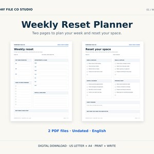 May include: A digital Weekly Reset Planner featuring two pages with dark blue text on a white background. The left page includes sections for priorities and appointments, while the right page lists tasks to reset your space and personal audit items.