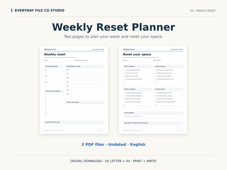 May include: A digital Weekly Reset Planner featuring two pages with dark blue text on a white background. The left page includes sections for priorities and appointments, while the right page lists tasks to reset your space and personal audit items.