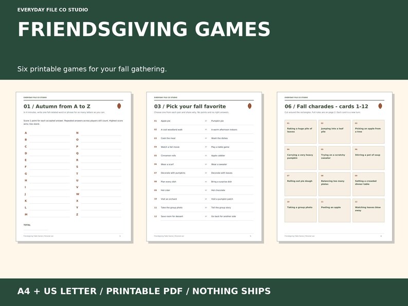 Friendsgiving Table Games, 6 Thanksgiving Activities with Charades Cards (Printable PDF)