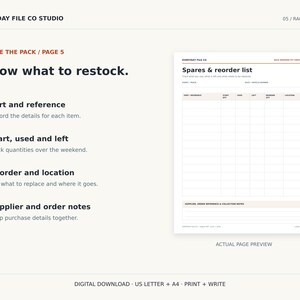 May include: A digital download template titled Spares & reorder list, featuring columns for part reference, start, used, left, reorder, and location. The document includes sections for supplier, order reference, and collection notes for inventory tracking.