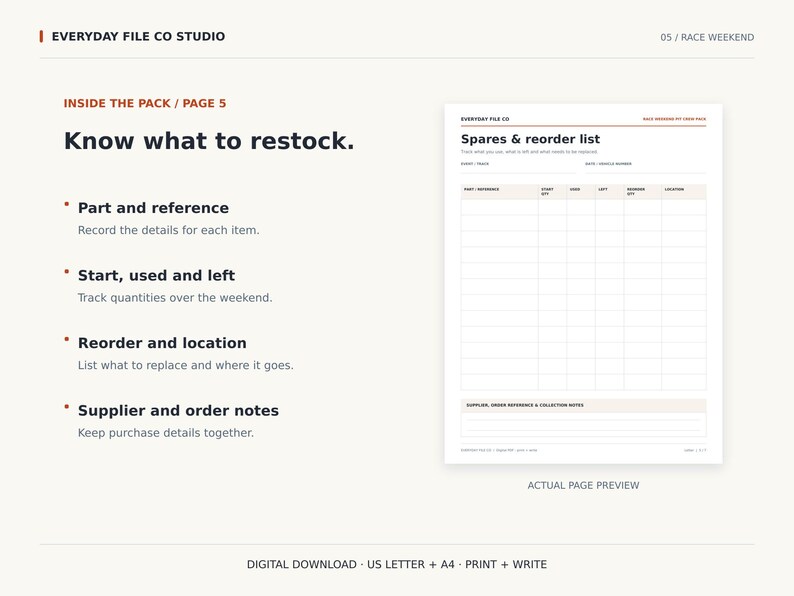 May include: A digital download template titled Spares & reorder list, featuring columns for part reference, start, used, left, reorder, and location. The document includes sections for supplier, order reference, and collection notes for inventory tracking.