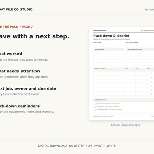 May include: A digital download page titled Pack-down & debrief from Everyday File Co Studio. The document includes sections for What worked, What needs attention, and a table for Next job, owner, and due date, plus a checklist for Before we leave.