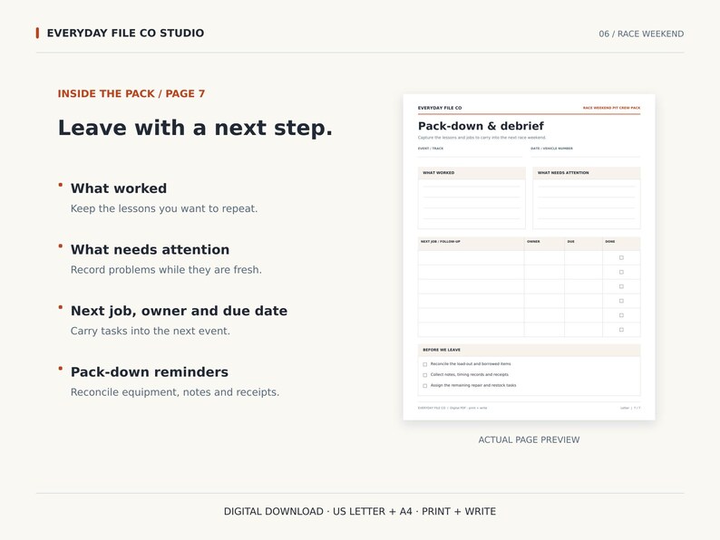 May include: A digital download page titled Pack-down & debrief from Everyday File Co Studio. The document includes sections for What worked, What needs attention, and a table for Next job, owner, and due date, plus a checklist for Before we leave.