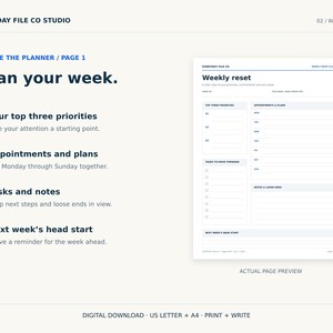 May include: A digital weekly planner page template titled Weekly Reset by Everyday File Co. The layout includes sections for top three priorities, appointments and plans from Monday to Sunday, tasks to move forward, notes, and next week's head start.