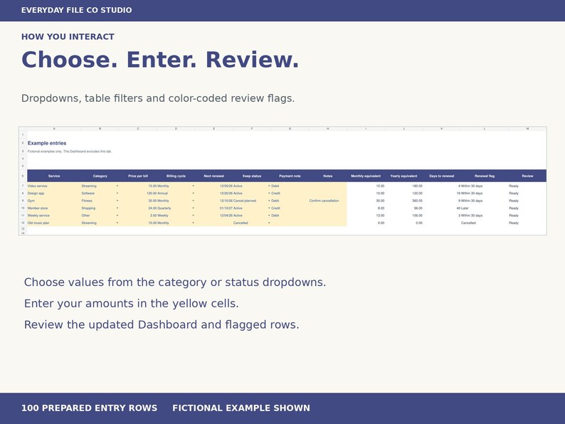 Subscription Tracker Excel Spreadsheet, Recurring Cost Calculator and Renewal Date Organizer