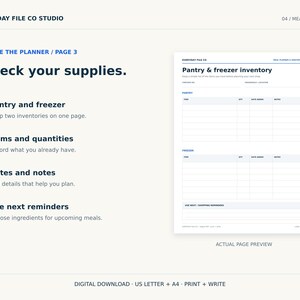 May include: A digital meal planning page titled Pantry & freezer inventory with sections for pantry and freezer items, quantities, dates, and notes. The layout includes columns for item, quantity, date added, and notes, plus a section for shopping reminders.
