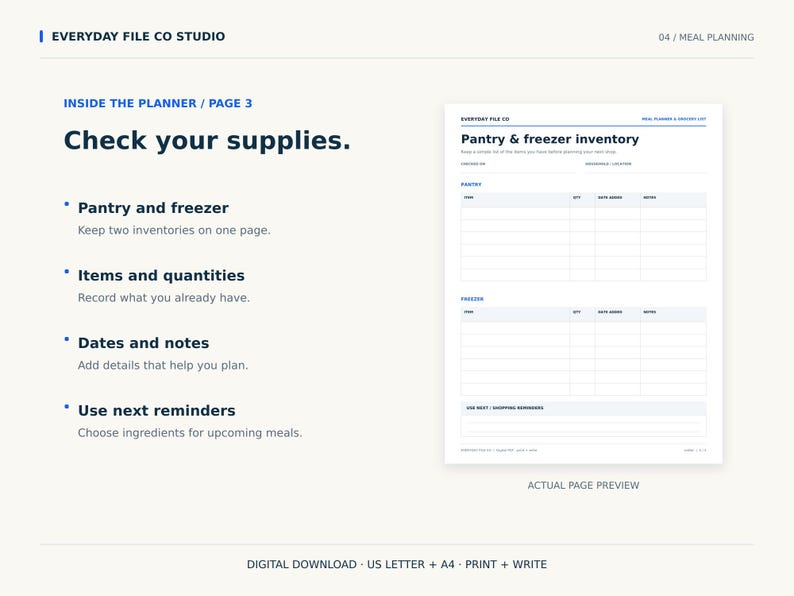 May include: A digital meal planning page titled Pantry & freezer inventory with sections for pantry and freezer items, quantities, dates, and notes. The layout includes columns for item, quantity, date added, and notes, plus a section for shopping reminders.
