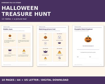 Caccia al tesoro di Halloween stampabile, 12 indovinelli e percorso illustrato per bambini (PDF)