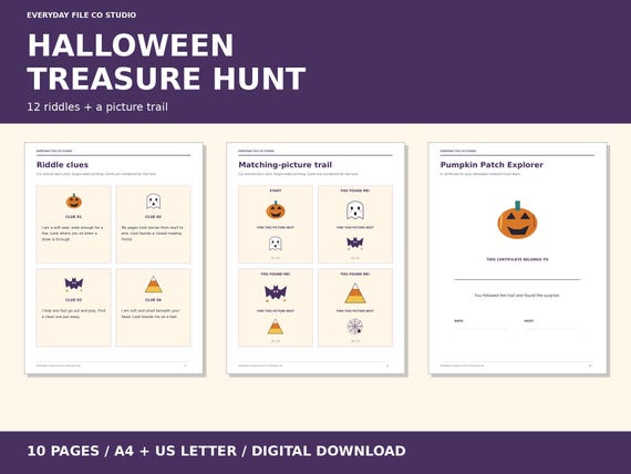 Halloween Treasure Hunt Printable, 12 Riddle Clues and Picture Trail for Kids (PDF) product preview