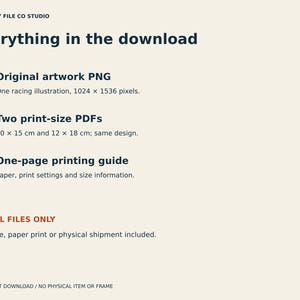 May include: A digital download information graphic titled Everyday File Co Studio Everything in the download. It lists an original artwork PNG, two print-size PDFs at 10 x 15 cm and 12 x 18 cm, and a one-page printing guide. Digital files only.